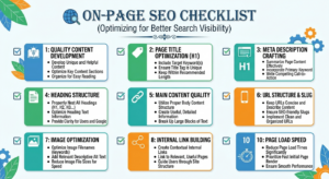 On-Page SEO checklist with title tags, meta description, headings, internal links, and image optimization