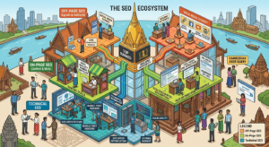Types of SEO infographic showing On-Page, Off-Page, Technical, Local, and Image SEO